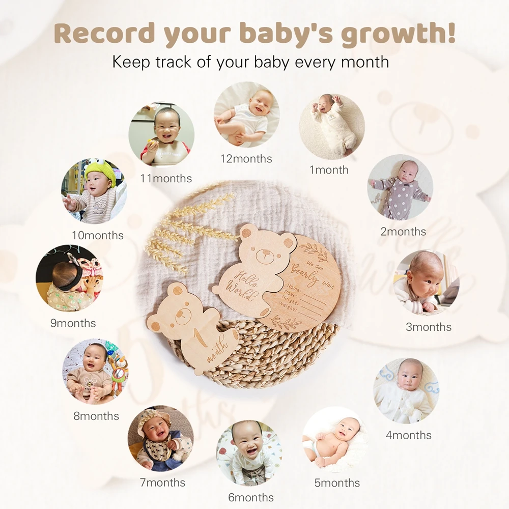 Cartes Commémoratives Mensuelles en Bois pour Bébé de 0 à 12 Mois, Puzzles d'Ours, Accessoires de Tir