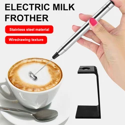 Mini Handheld Electric Milk Frother Fabricante de espuma, a pilhas, aço inoxidável, café, misturador de bebidas, liquidificador com suporte, batedor de ovos