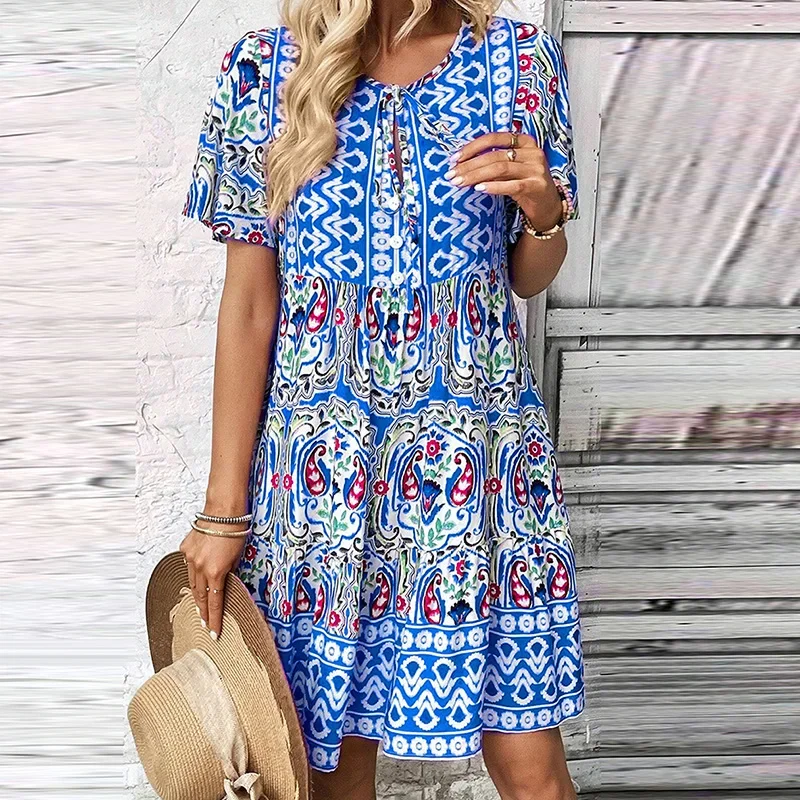 Women Summer Sundress Floral Printed Short Sleeve V Neck Mini Dress Women Casual Bohemian Dresses For Women