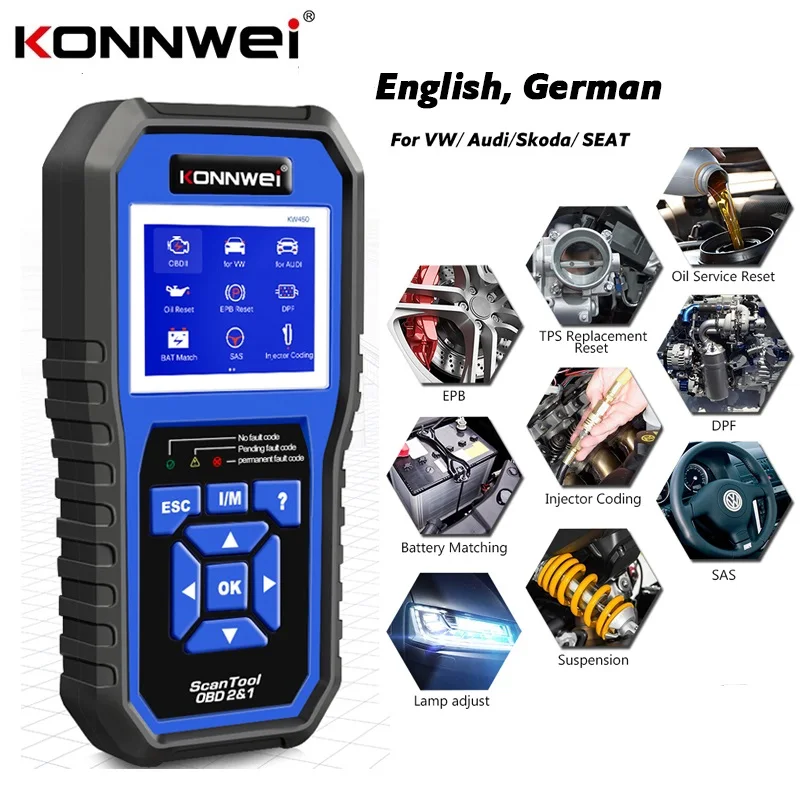 Professional OBD2 Scanner kw450 Code Reader Diagnostic tool VAG VW Audi ABS Airbag Oil ABS EPB DPF SRS TPMS Reset VAG OBDII Tool