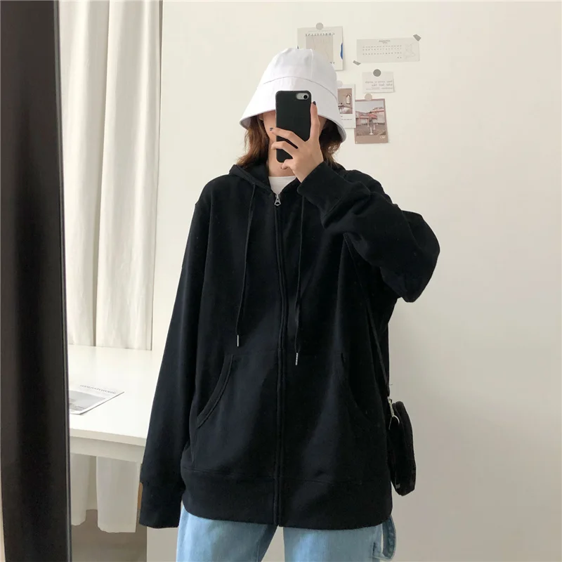 Loose Brick Red Black Gray Hoodies Female Zip-up Tracksuit Autumn Harajuku Cool Street Fashion Women\'s Sweatshirt M-XXL