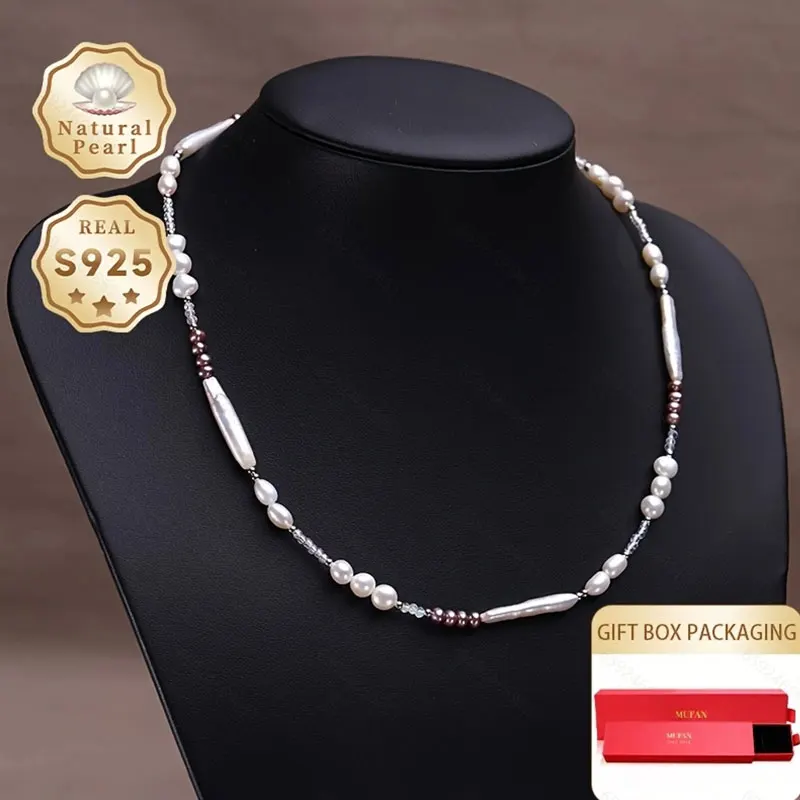 

Mufan Jewelry Ladies Pearl Necklace in Gift Box S925 Silver 4-25mm Irregular Baroque Freshwater Pearl with Purple Accents
