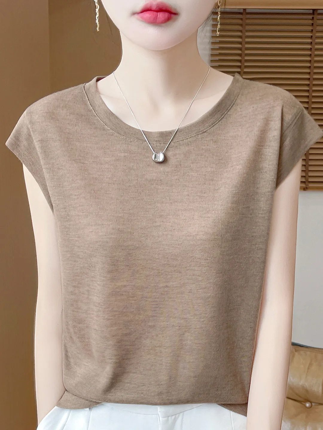 Basic  Color round Neck Short Sleeve Knitted Top Loose T-Shirt Green under Shirt Fly Sleeve Match Suit Inner Wear Top