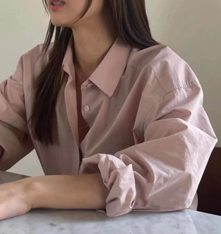 

Simple Pure Color Long Sve Loose Women's irt Thin Sun Protection Folded Texture Regular Length Button Detail Commute Sle