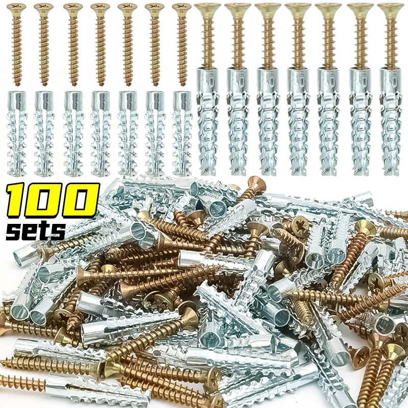 100/10sets Serrated Steel Wall Anchors Self Tapping Screw Drilling Plug Wall Fasteners Bolt Anchors Metal Expansion Tube Pipe