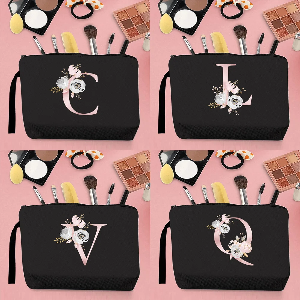 

Trendy Woman Makeup Brush Storage Bag Coin Purse Canvas Pink Flower Letter Pattern Printing Portable Sweet Wind Black Clutch