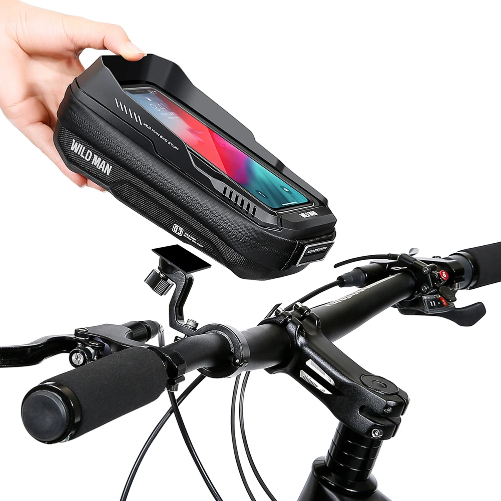 WILD MAN Handlebar Phone Holder Bag 0.6L Mountain Bike Hard Shell Handlebar Bag Waterproof Quick Release for MTB Bike Motorcycle