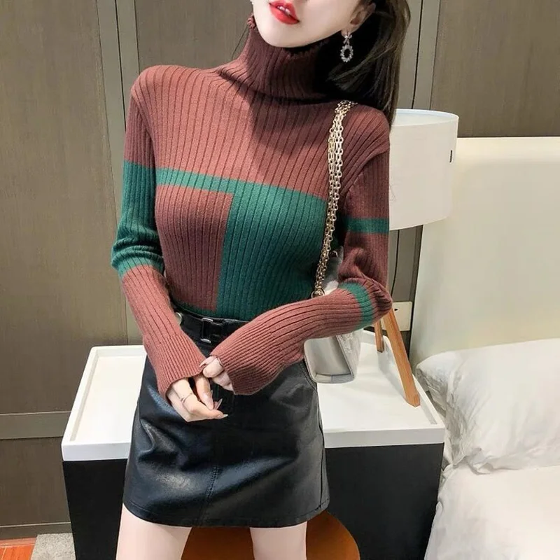 Stylish Printed Screw Thread Knitted Turtleneck Sweater Women's Clothing 2022 Autumn New All-match Casual Pullovers Loose Tops