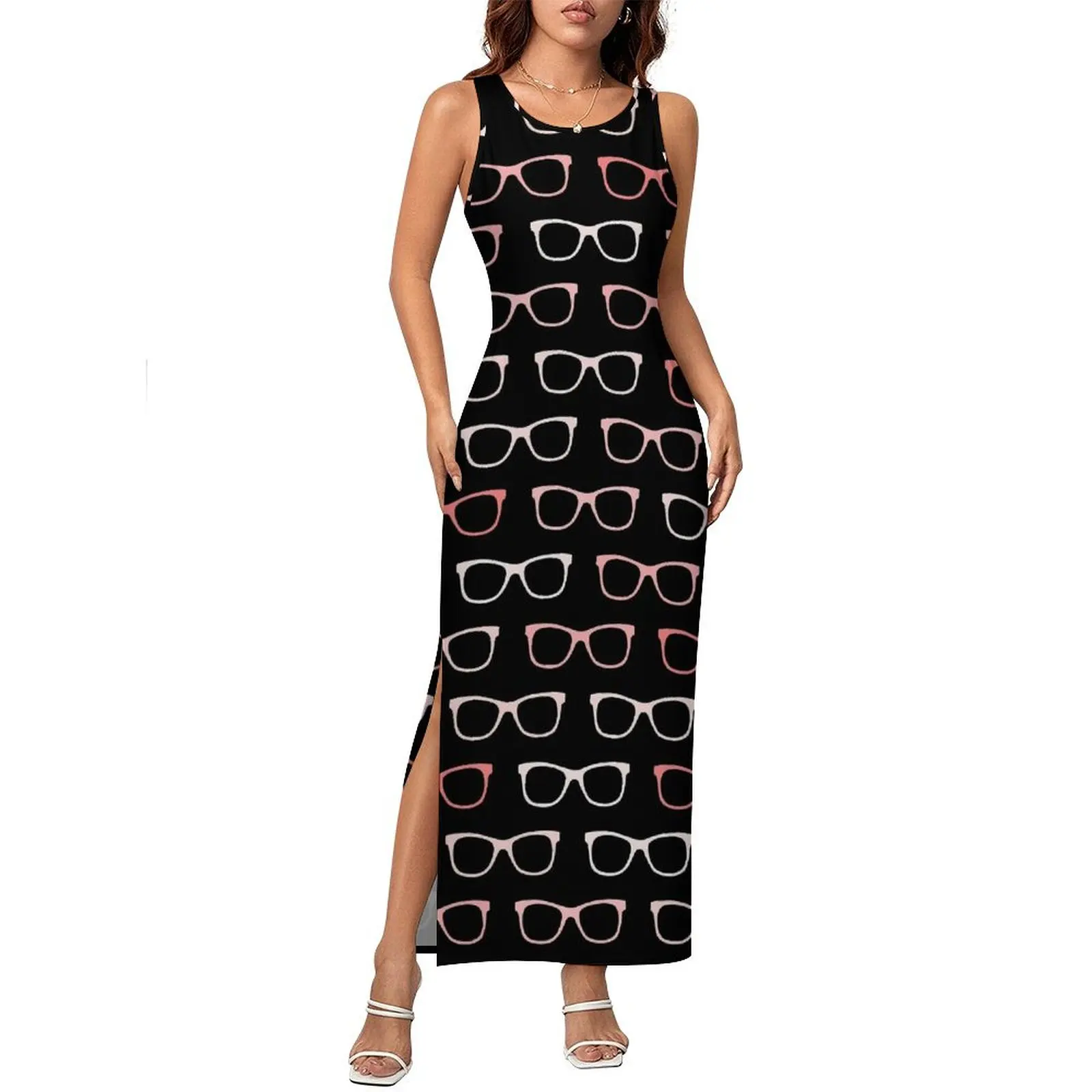 Różowa czarna sukienka w okulary bez rękawów Hipster okulary Vintage Maxi sukienki letnia moda uliczna niestandardowa obcisła sukienka 3XL 4XL