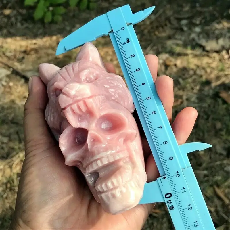 Natural Pink Opal Wolf Skull Handmade Carved Polished Animal Powerful Statue For Home Decoration Gift 1pcs