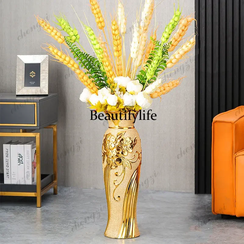 H132 Modern European Floor-to-ceiling Living Room Vase Ceramic Large Decoration High-end Flower Arrangement Gold
