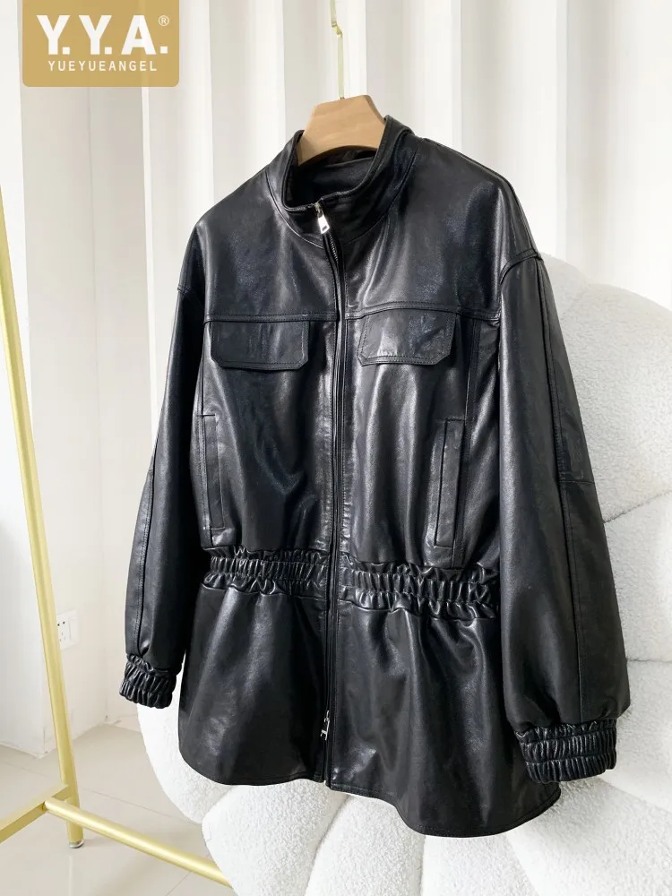 

Designer Women Sheepskin Genuine Leather Zipper Loose Fit O Neck Mid Long Jacket Windbreaker Trench Coat Lady Fashion Outerwear