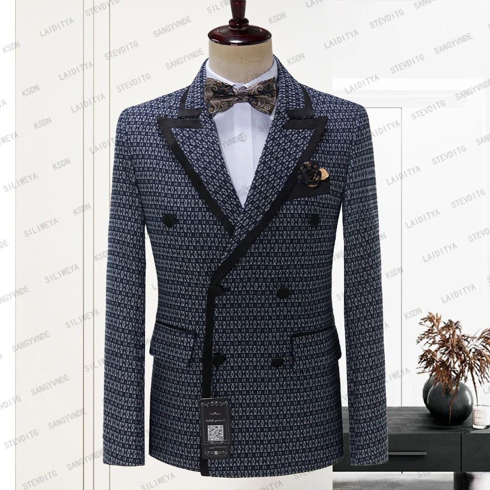 

2023 New Fashion Men Casual Boutique Business Slim Fit Blue Pattern Double Breasted Formal Suit Wedding Dress Blazer Jacket Coat