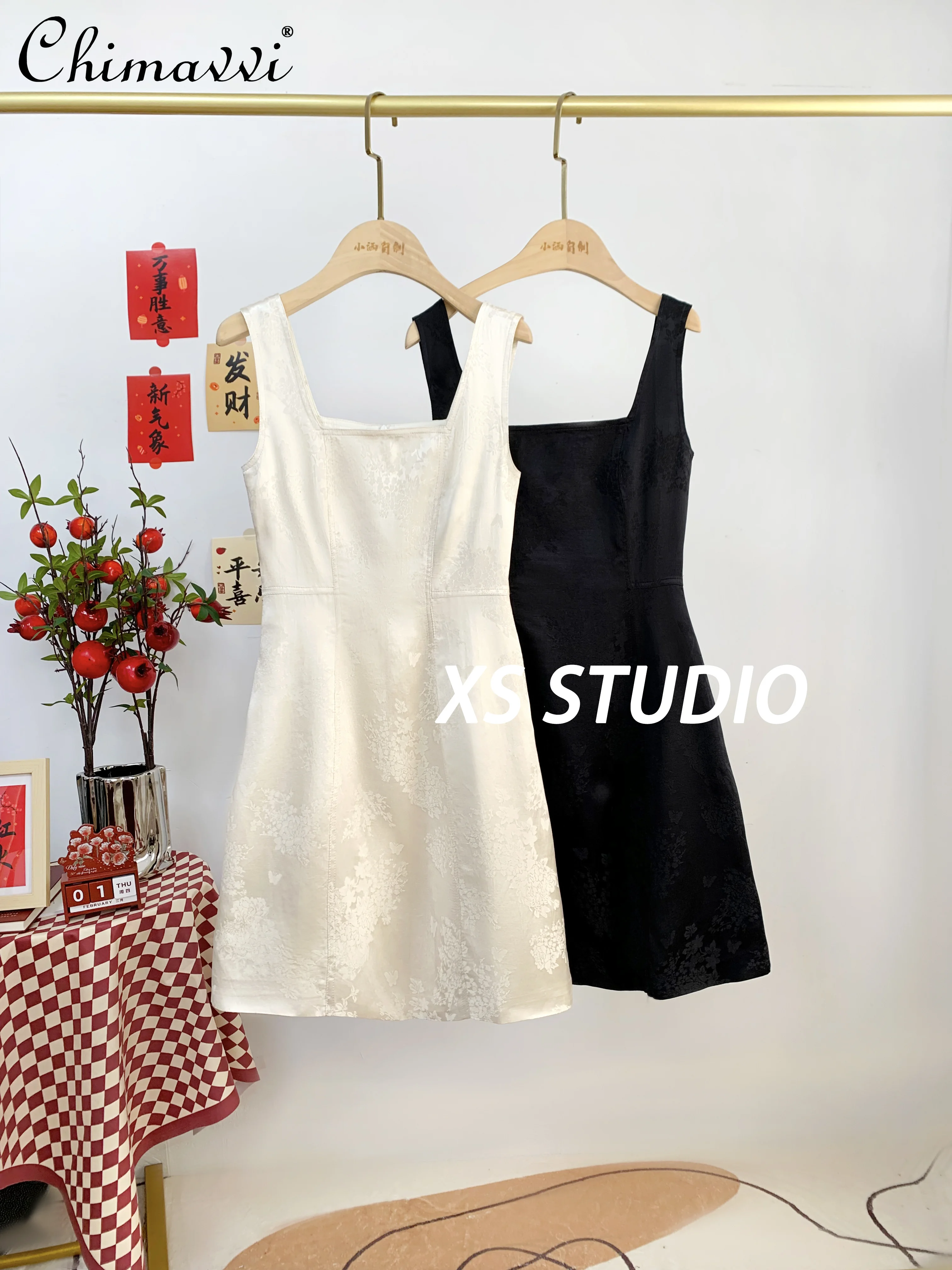 

Square Collar Satin Imitation Acetate Suspender Dress Spring Summer New High-end Fashion Short Lady Elegant Jacquard Drape Dress