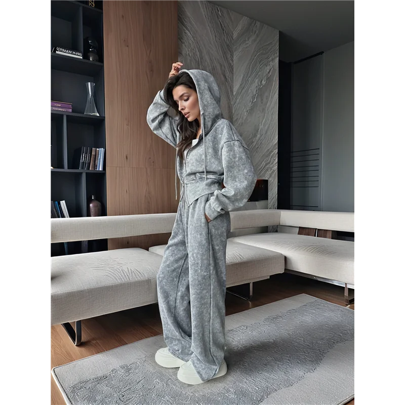 NEU – 2-teiliger Velours-Trainingsanzug für Damen, zweiteilig, weicher Samt-Kapuzen-Trainingsanzug für Damen, Lounge mit Taschen, Grau, M