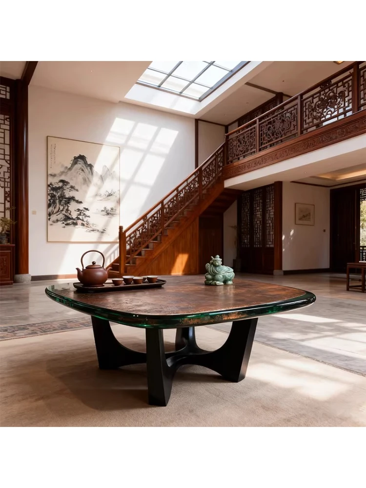 Modern light luxury living room coffee table copper anti-copper retro distressed transparent resin oval coffee table