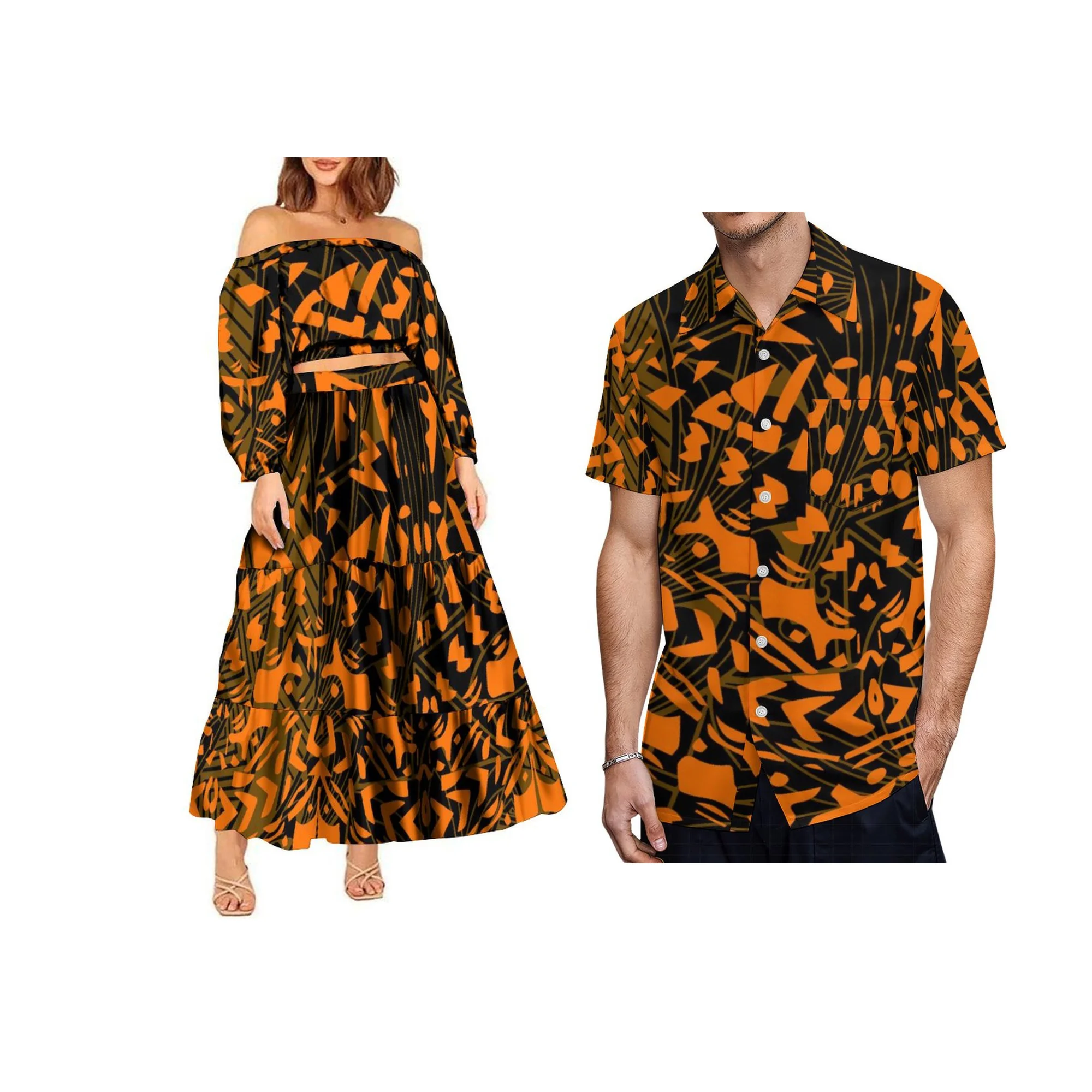 2024 New One Shoulder Neckline Design Custom Summer Print  Long Pleated Skirts 2 Piece Set Party Dress