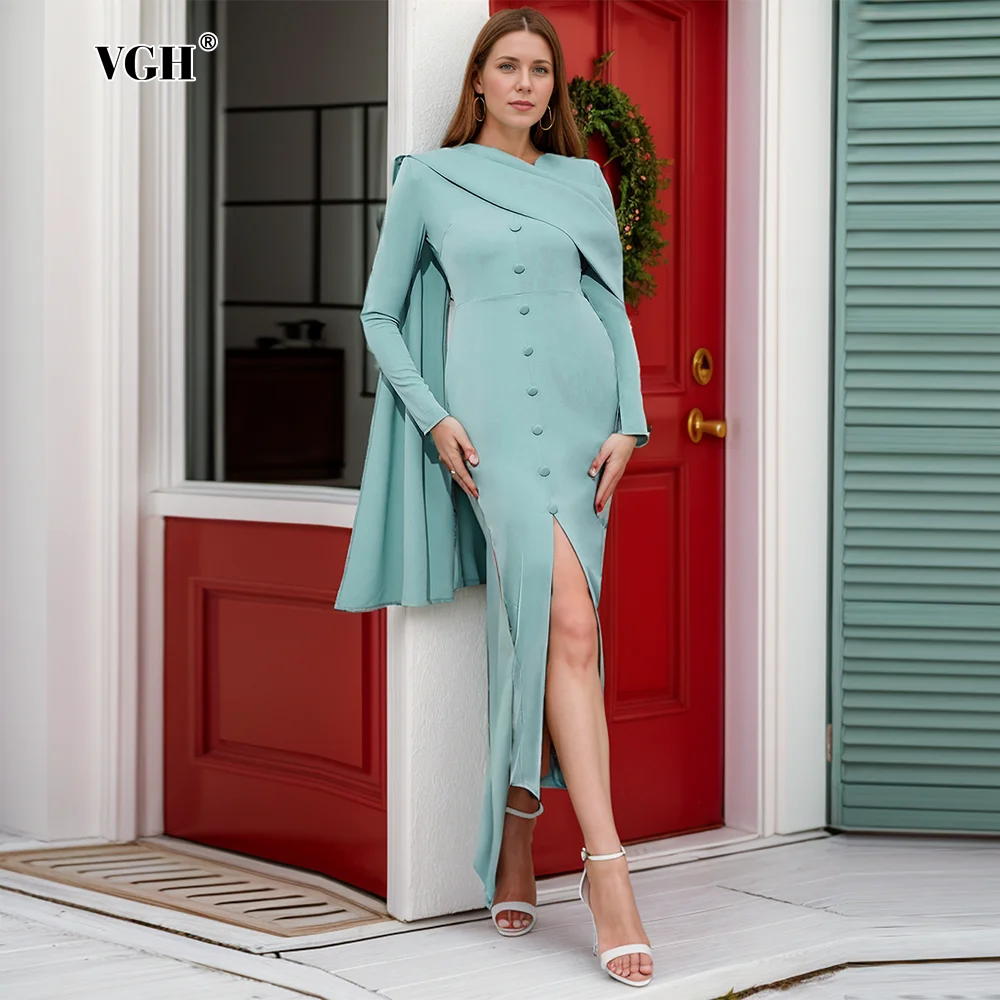 

VGH Solid Elegant Spliced Button Dresses For Women Scarf Collar Long Sleeve High Waist Temperament Slimming Bodycon Dress Female