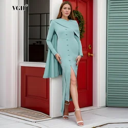 VGH Solid Elegant Spliced Button Dresses For Women Scarf Collar Long Sleeve High Waist Temperament Slimming Bodycon Dress Female