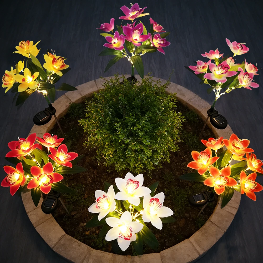 

Outdoor Solar Simulated Flower Decor Lights, Courtyard Decor Light, Solar Flower Lights with 7 Orchid Flowers,Inground Lawn Lamp