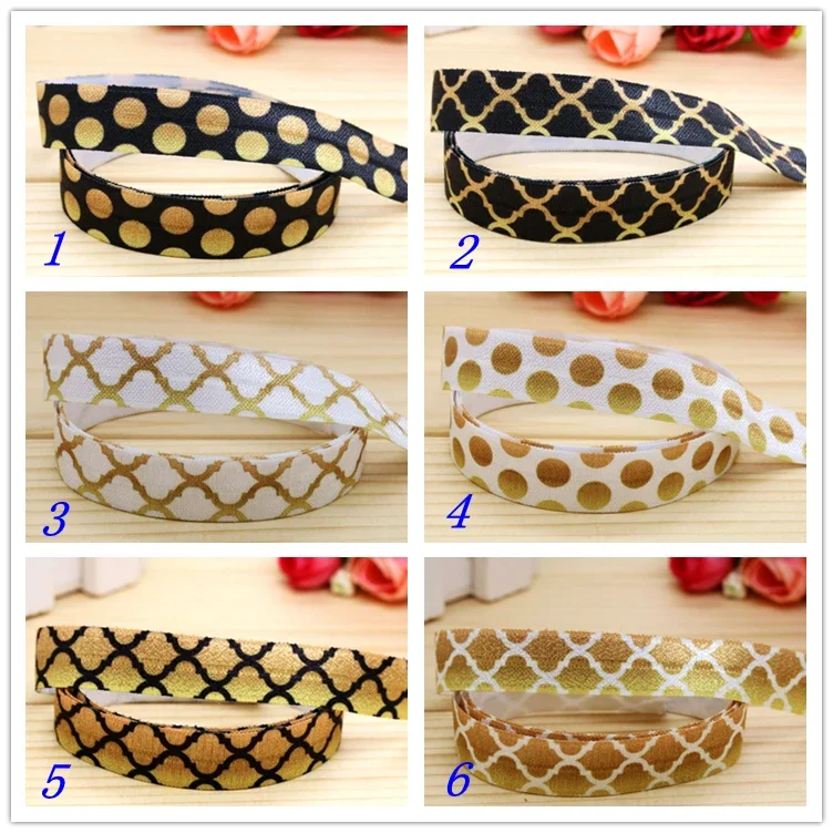 5/8''  Fold Elastic FOE gold color polka dot quatrefoil printed headband headwear diy decoration wholesale OEM S128