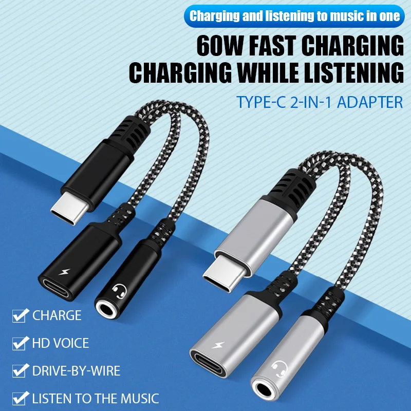 2 IN1 USB C To 3.5 MM Jack AUX Audio Earphone Adapter Type-C Headphone Converter With 60W PD Charging For iPad Pro Air Samsung