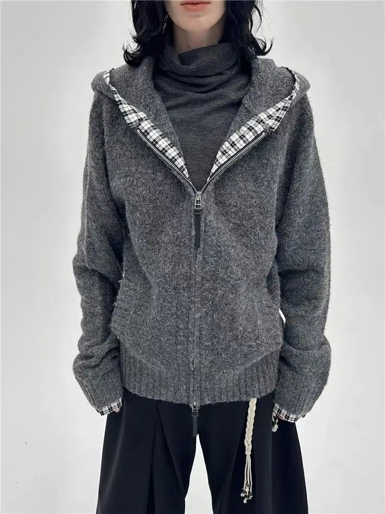 

2025 Autumn Winter New Sweaters Plaid Zipper Pockets Hooded Cardigan Fashion Vintage Knit Tops All Match Design Women's Clothing