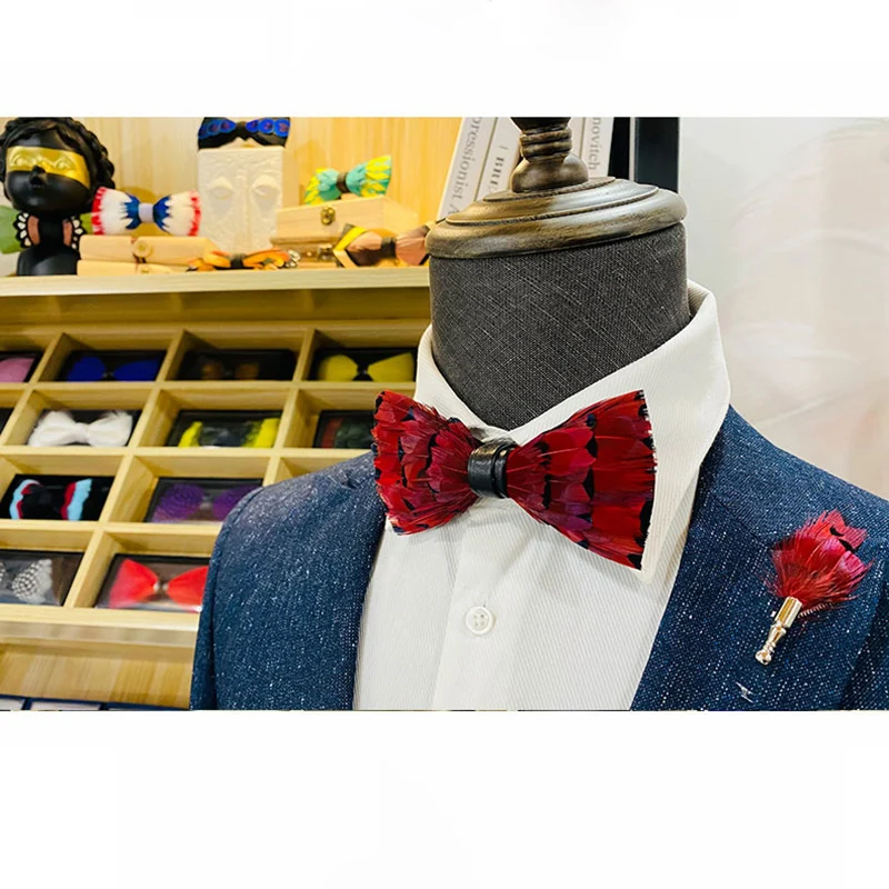 Feather Brooch Bow Tie For Men Women Officiating Wedding Suit Accessories Shirt Collar Flower Butterfly Bowtie Brooch Pin Gift