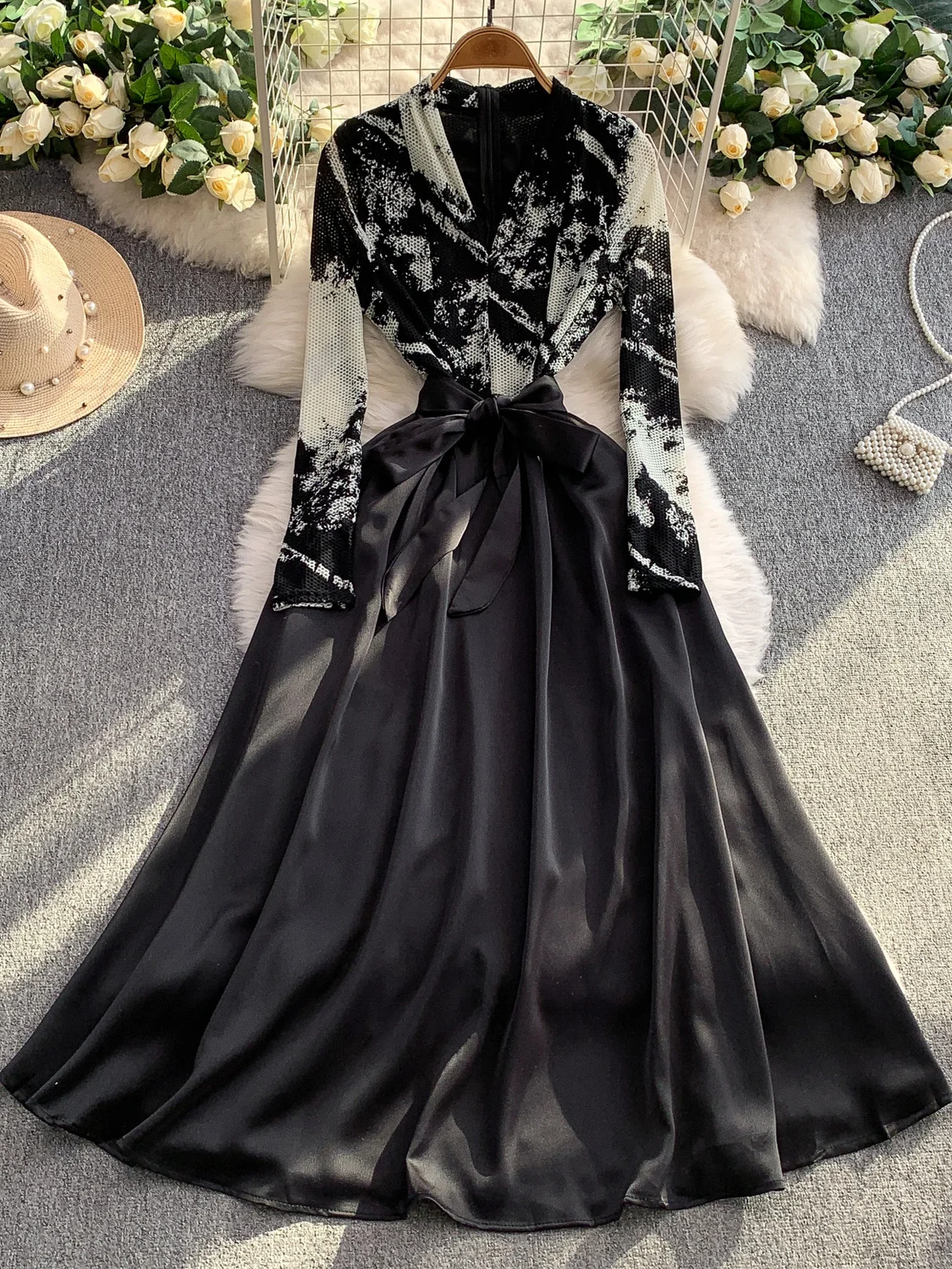 Ele Long Sve Adient Tie Dye Dr Damen-Seidensatin-Kleid mit hoher Taille und Sa Ele Vollrock Dr für Damen