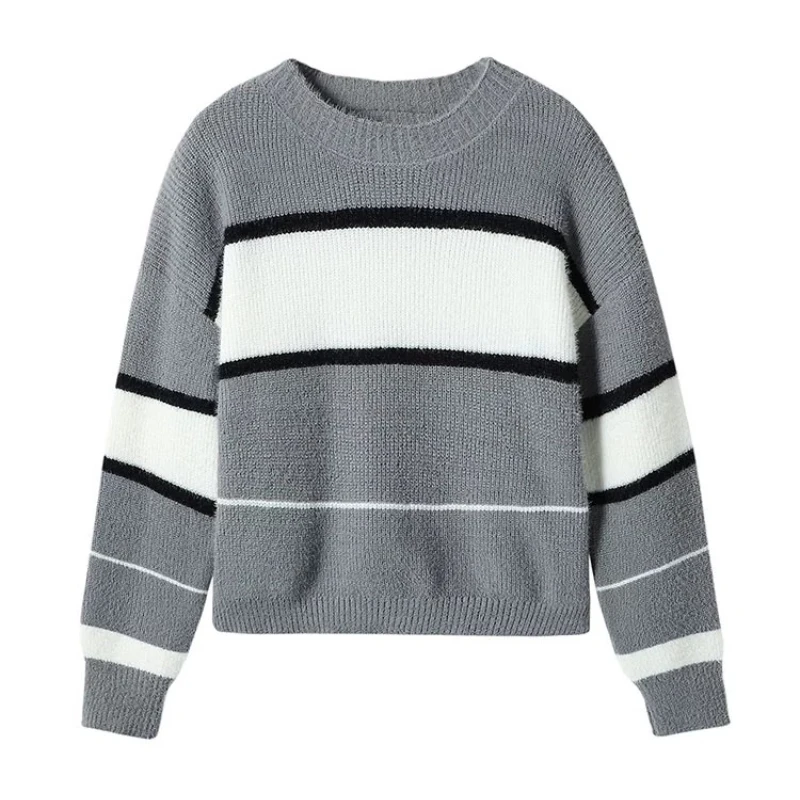 

Fashion Casual O-neck Long Sleeve Knitted Pullovers Hit Color Striped Patchwork Short Slim Sweaters Tops Women's Clothing