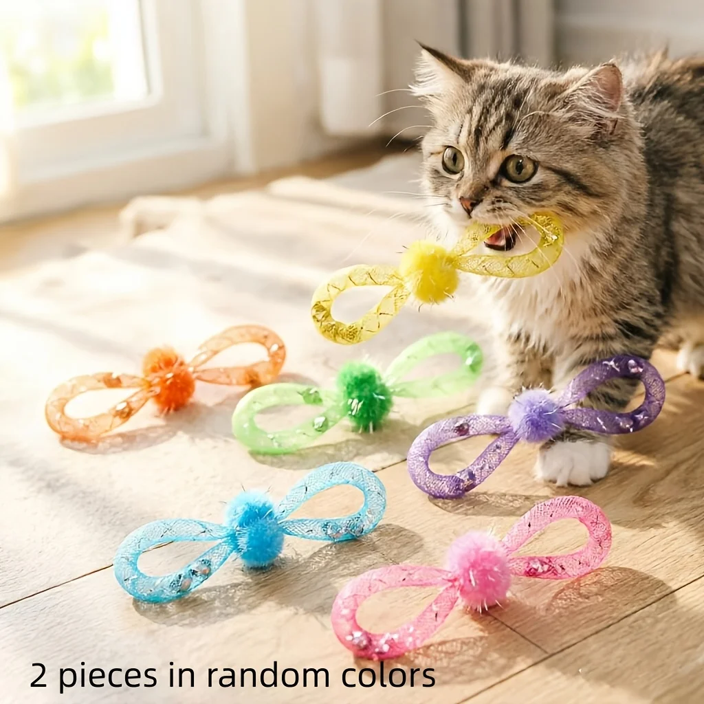 2pcs Random Color Pet Cat Bell Attached Hose Toys, Cat Toys with Bows, Toys to Relieve Pets Boredom for Self Amusement
