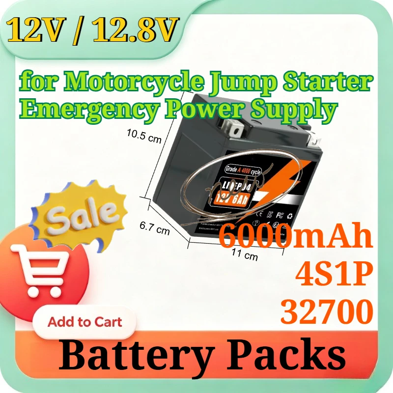 12V / 12.8V 4S1P 6000mAh 32700 Rechargeable LiFePO4 Battery Packs Deep Cycle for Motorcycle Jump Starter Emergency Power Supply