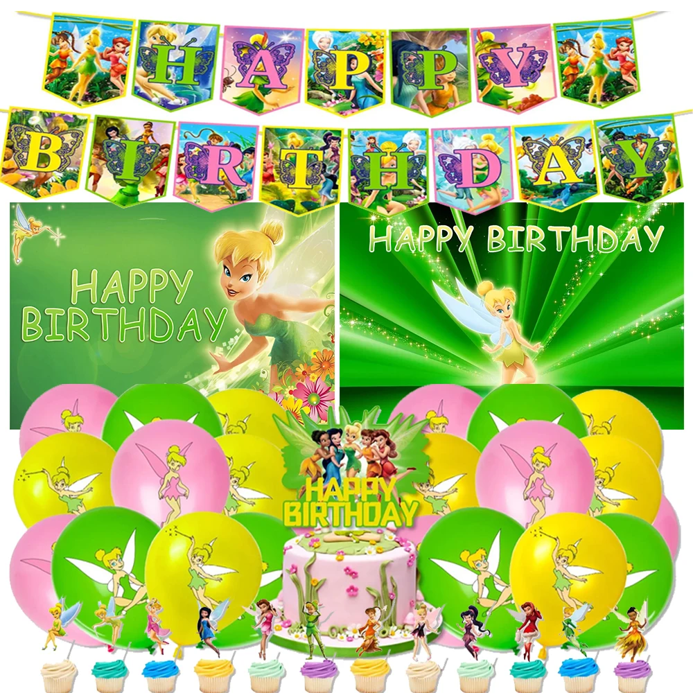 Cartoon Little Fairy Tinker Bell Princess Theme Birthday Party Supplies Balloons Baby Shower Custom Background For Girl Gifts