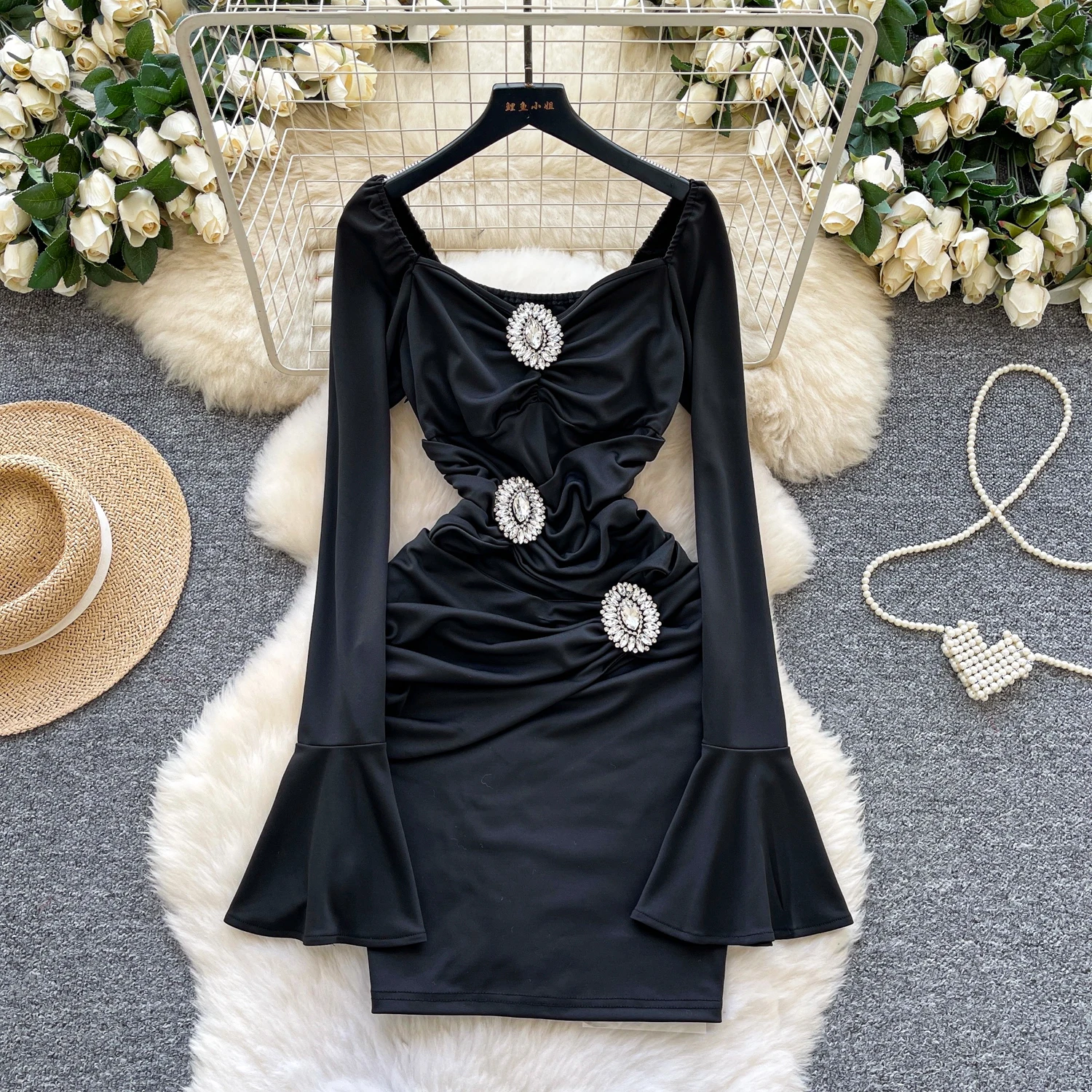 Chic vintage Sexy plissé mince à manches longues fée crayon robe femmes Boho robe d'été robes de cérémonie