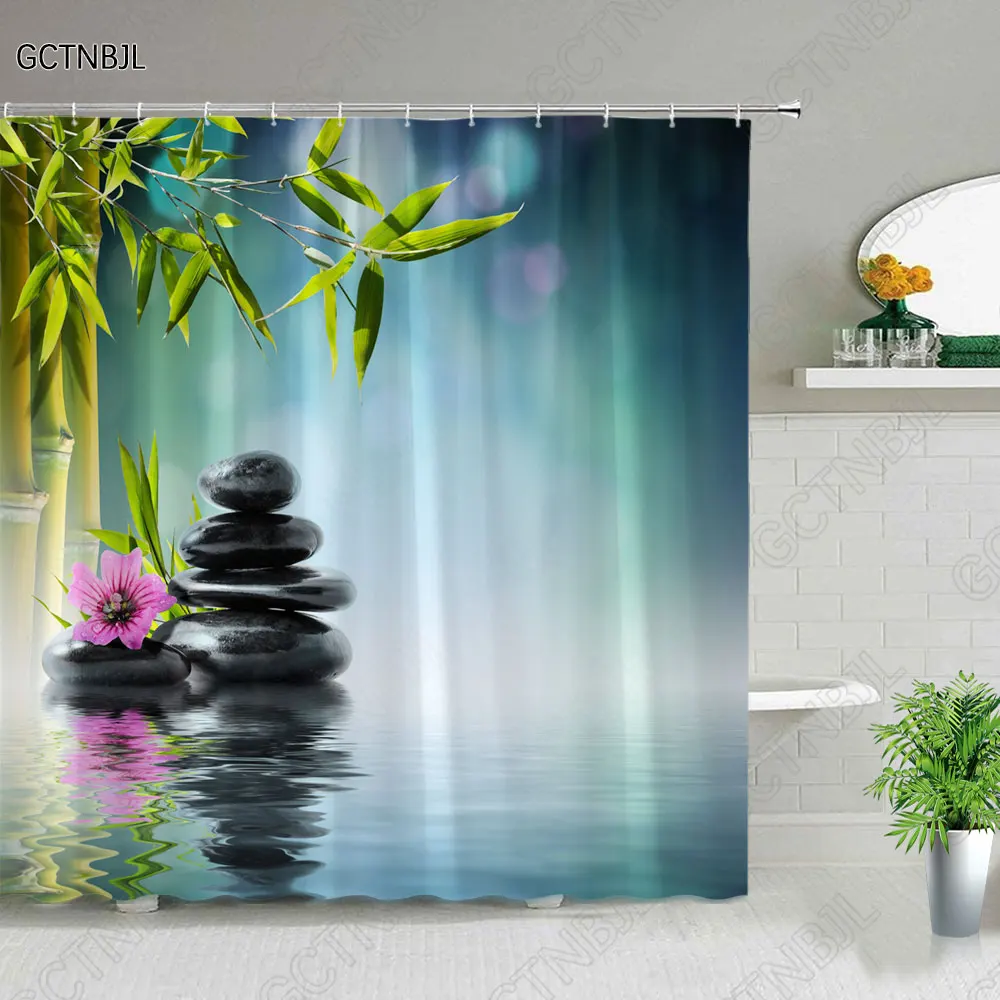 Zen Shower Curtain, Spa Decor Stone Tower Lotus Purple Orchid Flower and Bamboo, Cloth Fabric Bathroom Decor Set with Hook Black