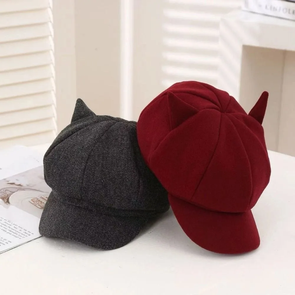

Korean Style Adjustment Cat Ear Hat Solid Color 8 Panel British Beret Hat Cute Cat Ears Comfortable To Wear Women Hat Painter