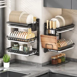 Dish Rack Wall Mounted Multifunctional Storage Rack Convenient  Cupboard with Chopsticks Knives Plates Draining Storage Kitchen
