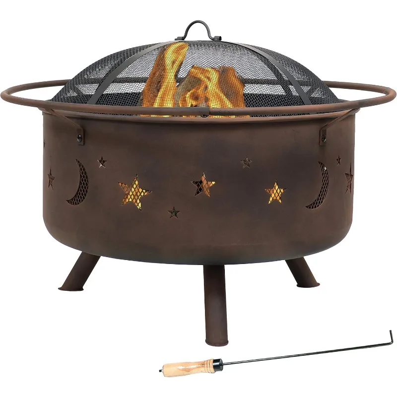 Sunnydaze Cosmic 30-Inch Fire Pit with Cooking BBQ Grill Grate, Spark Screen, and Fireplace Poker - Celestial Design