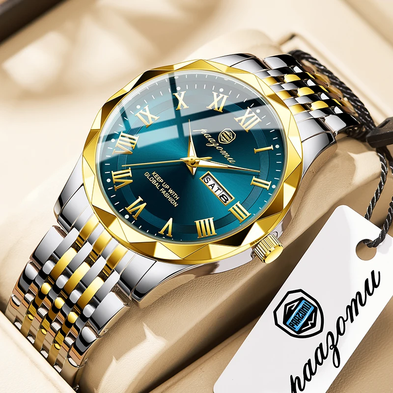 

PAAZOMU Роскошные мужские наручные часы из нержавеющей стали с датой и неделей, мужские часы, водонепроницаемые светящиеся деловые модные кварцевые часы для мужчин