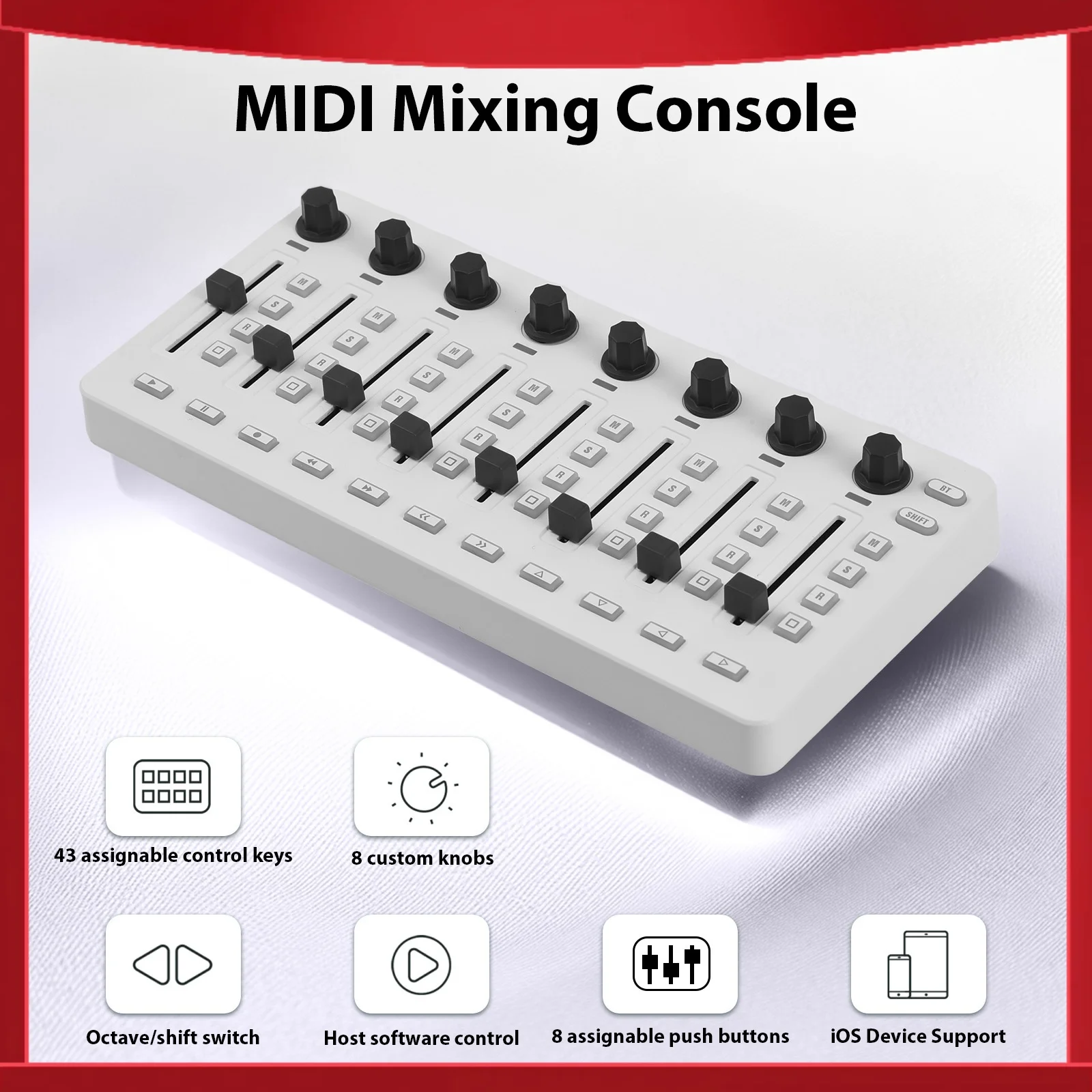 MIDI Controlle MIDI Mixing Console with 43 Buttons 8 Knobs 8 Push Buttons BT Connection Battery USB MIDI Controller Mixer