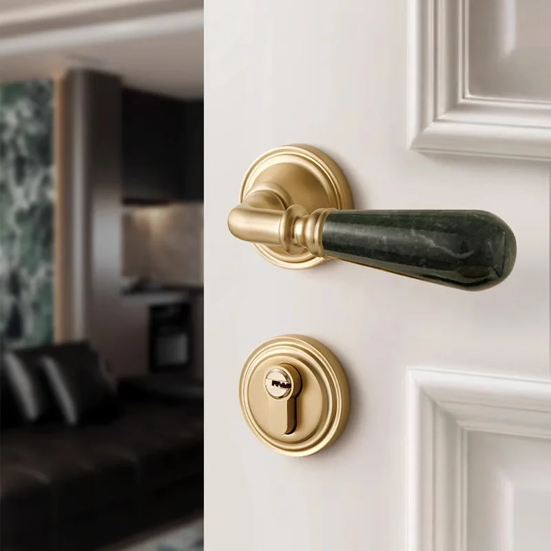 White French Bedroom Door Lock Retro Style Indoor Household Door Handle Italian Green Marble Magnetic Suction Silent Split Lock