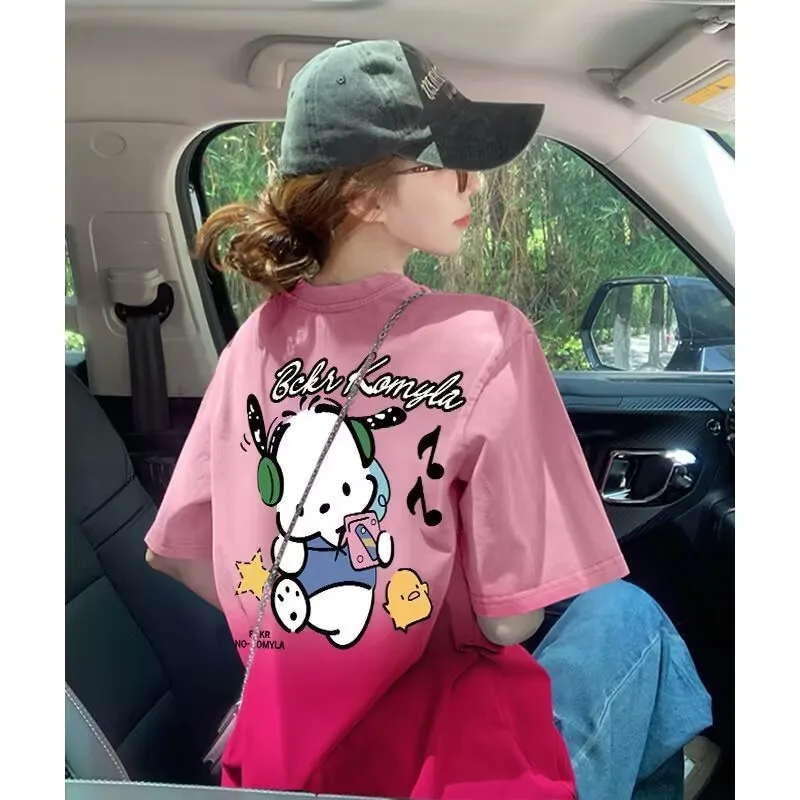 Summer New Cartoon Pochacco Print Loose Pure Cotton Short Sleeved Tops Korean Version Gradient Color O-Neck Oversized T Shirt