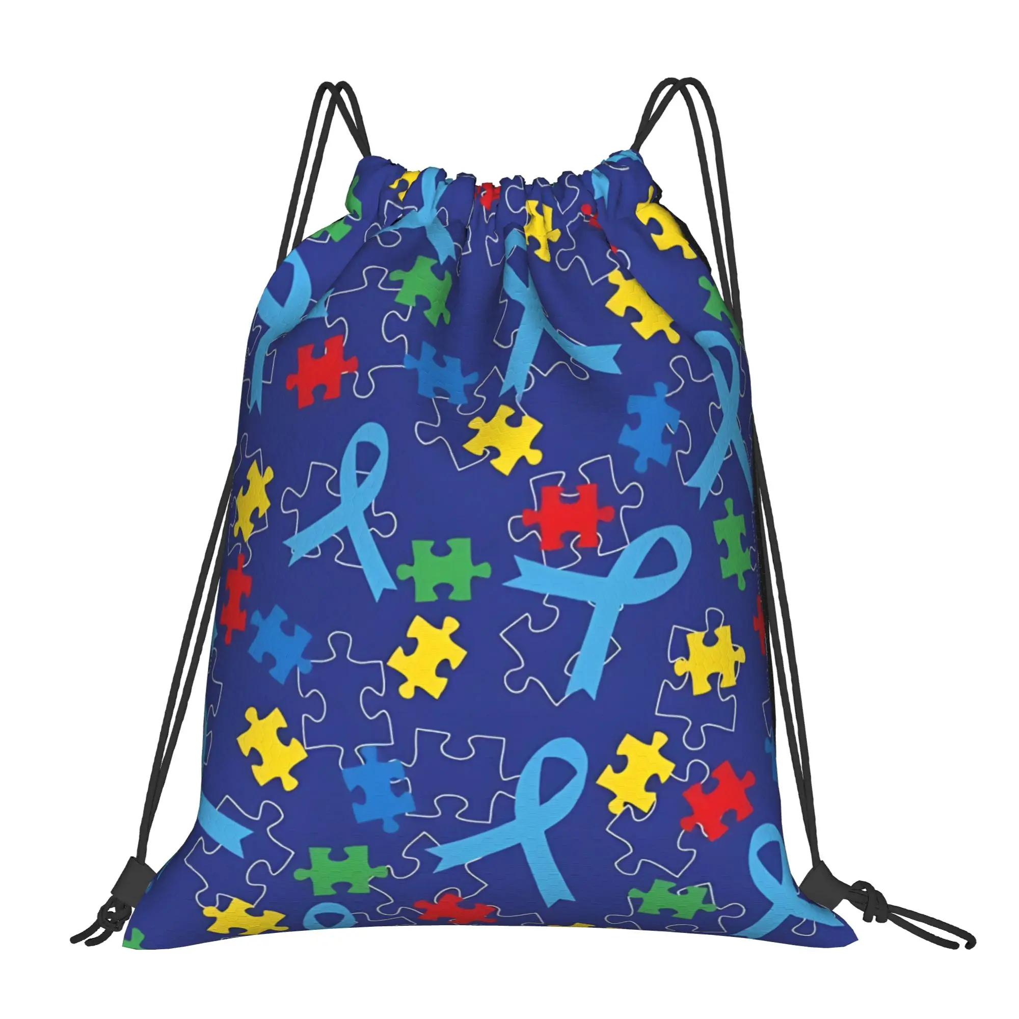 Autism Puzzle Piece Ribbon Pattern  Portable Sports Drawstring Backpack Riding Backpack Gym Shoes Drawstring Bags