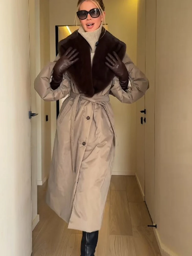 Fashion Faux Fur Collar Cotton Coat Women Single Breasted Belted Waist Lantern Sleeve Overcoat New Winter Warm Street Outerwear