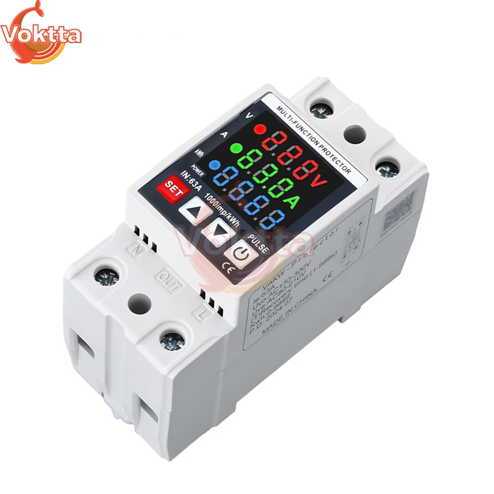 63A Din Rail 3-in-1 Display Adjustable Over Voltage Current and Under Voltage Protective Device Protector Relay Volt Power Meter