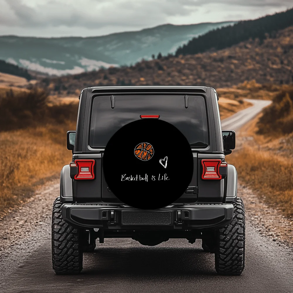 Basketball And Heart Pattern | 30/34-inch Multi-functional Tire Cover, Suitable For Jeeps, Trailers, RVs, SUVs, Trucks, Campers,