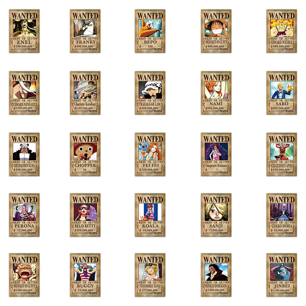 56 pezzi Anime One Piece Wanted Poster adesivi Cool Cartoon Decal Laptop Notebook Decorazione del telefono Adesivo da parete Graffiti