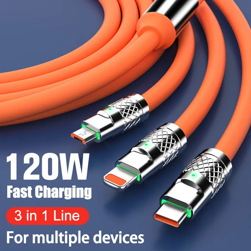 3 في 1 خط شحن سريع 120 وات 6A نوع C كابل شحن USB صغير لهاتف آيفون وسامسونج وهواوي وشاومي كابل شاحن USB #1