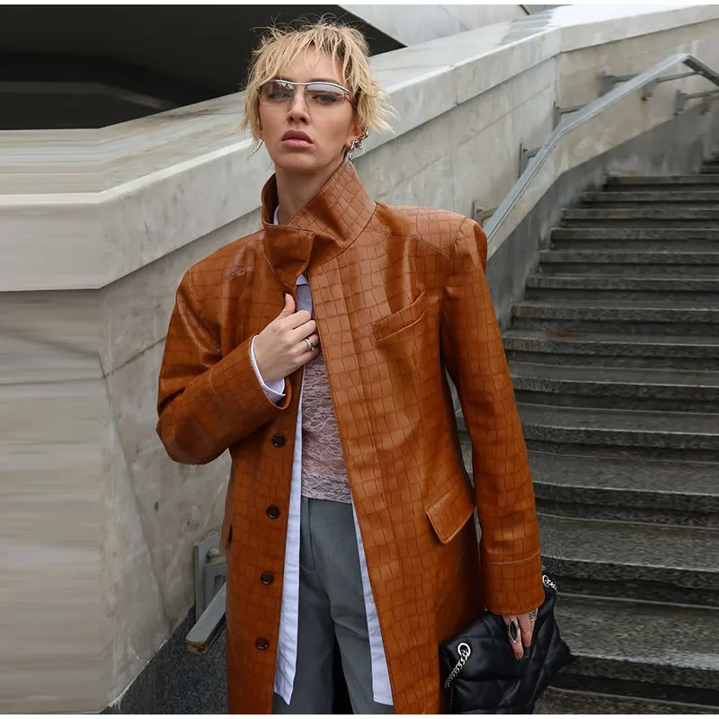 Crocodile Embossed Trench Coat Lapel Collar Button‑Front 2026 Autumn Women Vintage Outerwear Trendy Lady Casual Overcoat