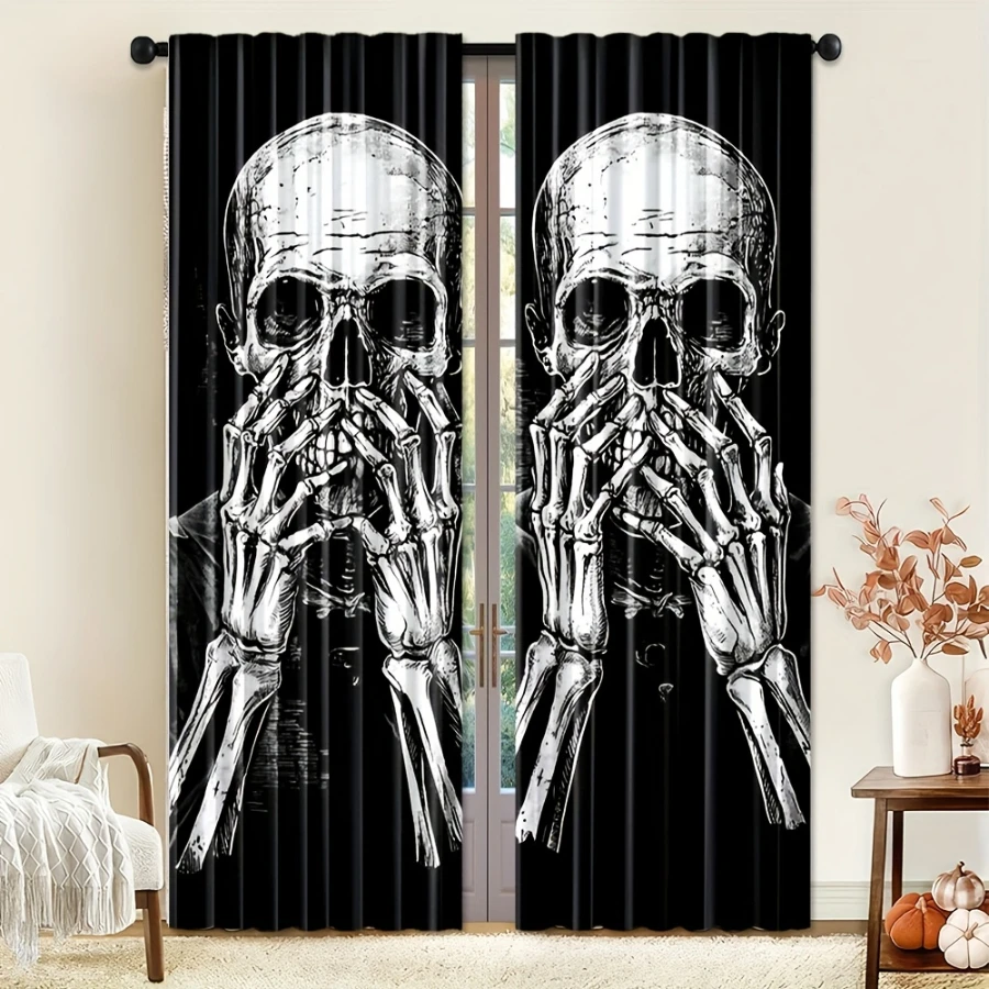 2PCS Digital Printed Curtains, Bat Lantern Pumpkin Pattern, Horror Gothic Style Rod Pocket Drapes for Bedroom Living Room Decor